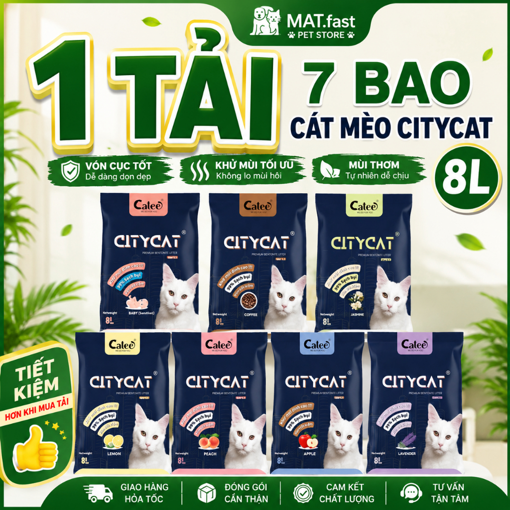 [1 Tải 7 Bao] Cát Mèo CityCat 8L – Cát Vệ Sinh Cho Mèo Bentonite Vón Cục Nhanh, Khử Mùi Tốt, Nhiều H