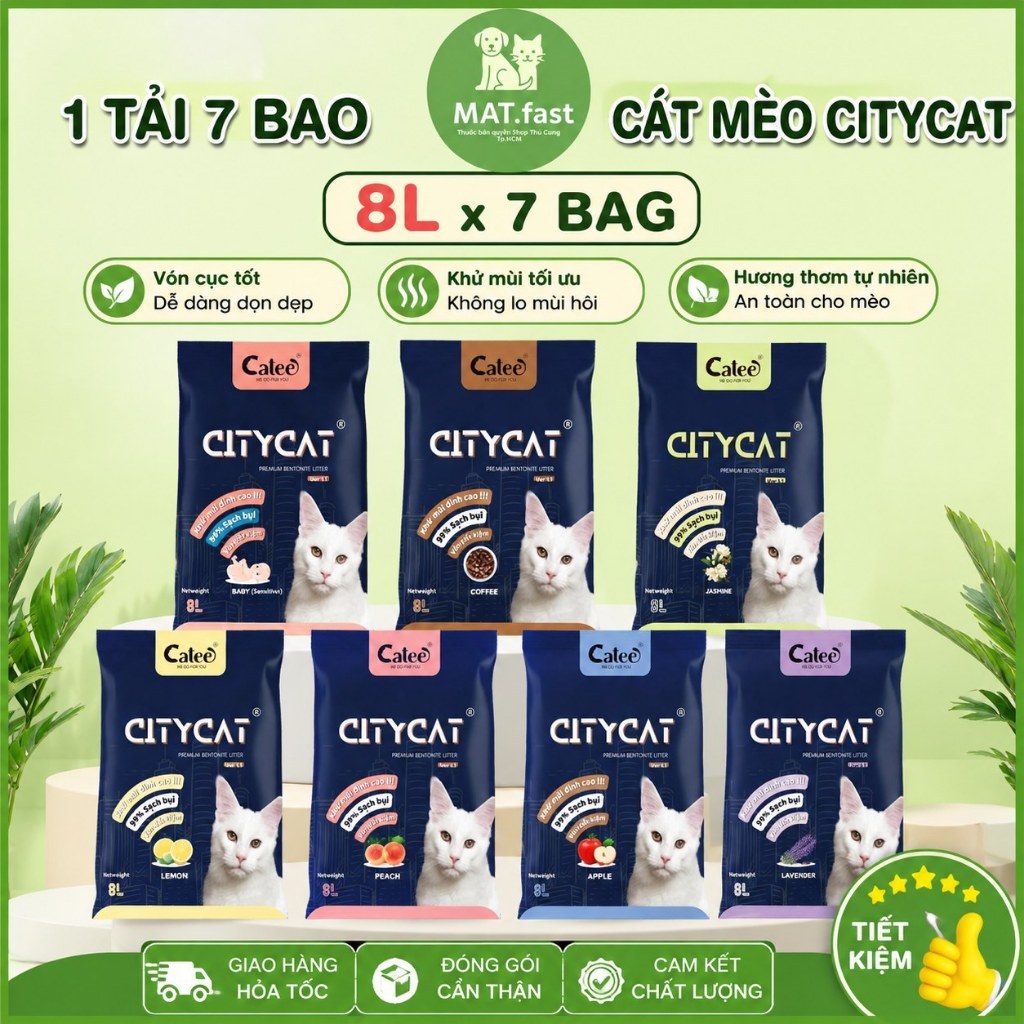 [1 Tải 7 Bao x 8L] Cát Vệ Sinh Cho Mèo CityCat – Cát Bentonite Vón Cục, Khử Mùi, Ít Bụi, Nhiều Hương