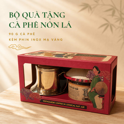 Cà Phê Bột Nam Xanh, Hộp Nắp Hình Nón Lá Truyền Thống Việt Nam, Set Quà Tặng Truyền Thống, Cao Cấp