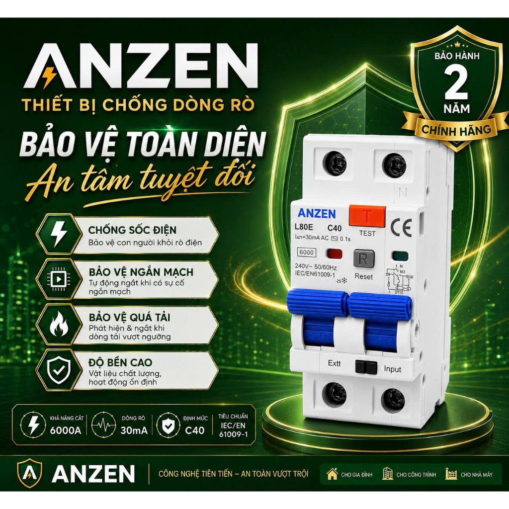 Aptomat Chống Giật ANZEN C40 RCBO Chống dòng rò Bảo vệ quá tải và ngắn mạch