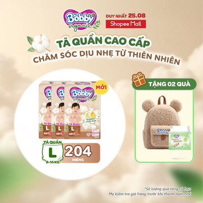 [TẶNG MIẾNG] Combo 3 gói tã quần cao cấp Bobby Organic chăm sóc dịu nhẹ từ thiên nhiên M72+8/L60+8/XL56+8/XXL54+6