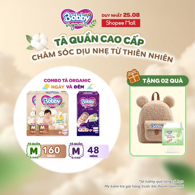 [Combo 3]Tã/Bỉm quần Bobby Organic Ngày &Đêm chăm sóc dịu nhẹ khô thoáng từ thiên nhiên sizeM/L/XL/XXL/XXXLcho bé 6-35kg