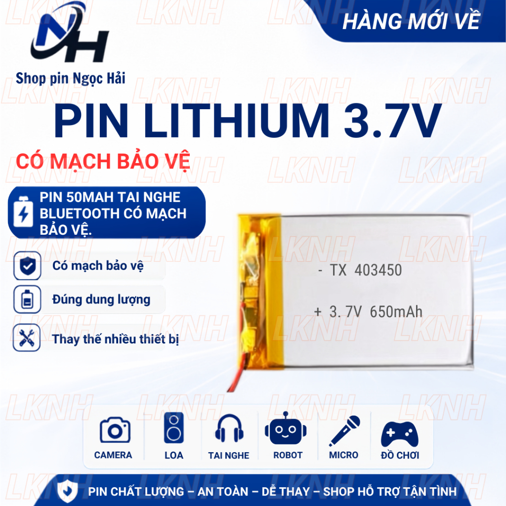Pin sạc Li-Po 3.7V 650mAh 403450  (Li-Polyme) cho điện thoại, loa bluetooth, camera hành trình, khoá