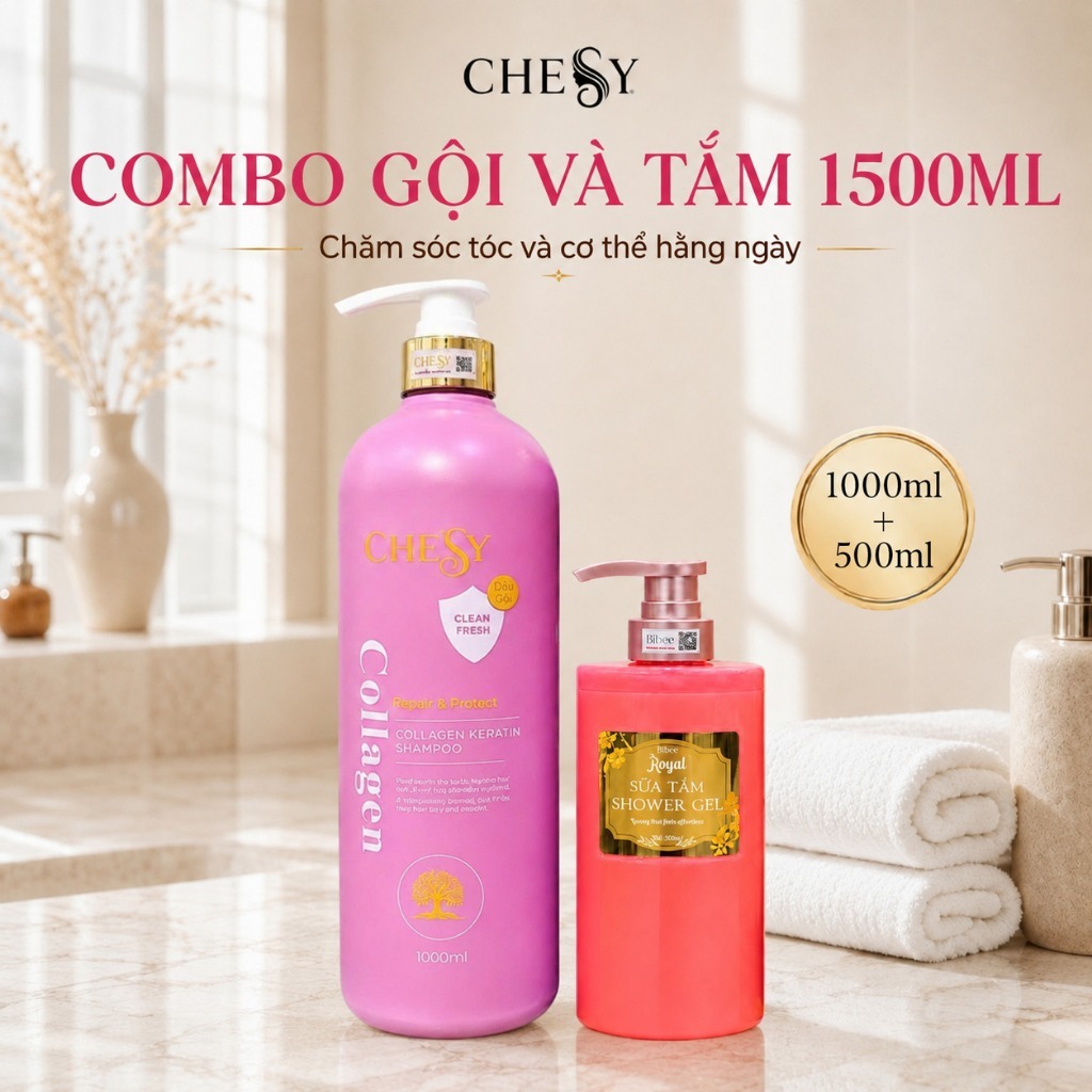[CHESY] Combo Dầu Gội Collagen CheSy 1000ml Và Sữa Tắm Bibee Royal 500ml Chăm Sóc Hằng Ngày