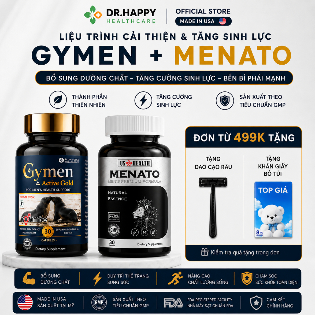 [CHE TÊN] Combo Tăng cường & Cải thiện sức khỏe cho Nam giới Viên uống GYMEN + Viên uống MENATO