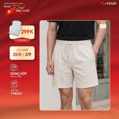 Quần short Linen Core nam chất  liệu Linen thoáng nhẹ, lưng thun dây rút, túi sau tiện dụng, form Regular Fit - FEAER