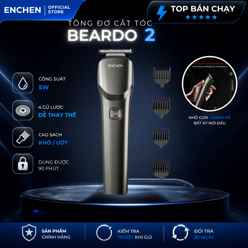Tông Đơ Cắt Tóc Enchen Beardo 2, Lưỡi Thép Không Gỉ, Pin Trâu 1200mAh Máy Siêu Êm  Tỉa Lông Thú Cưng