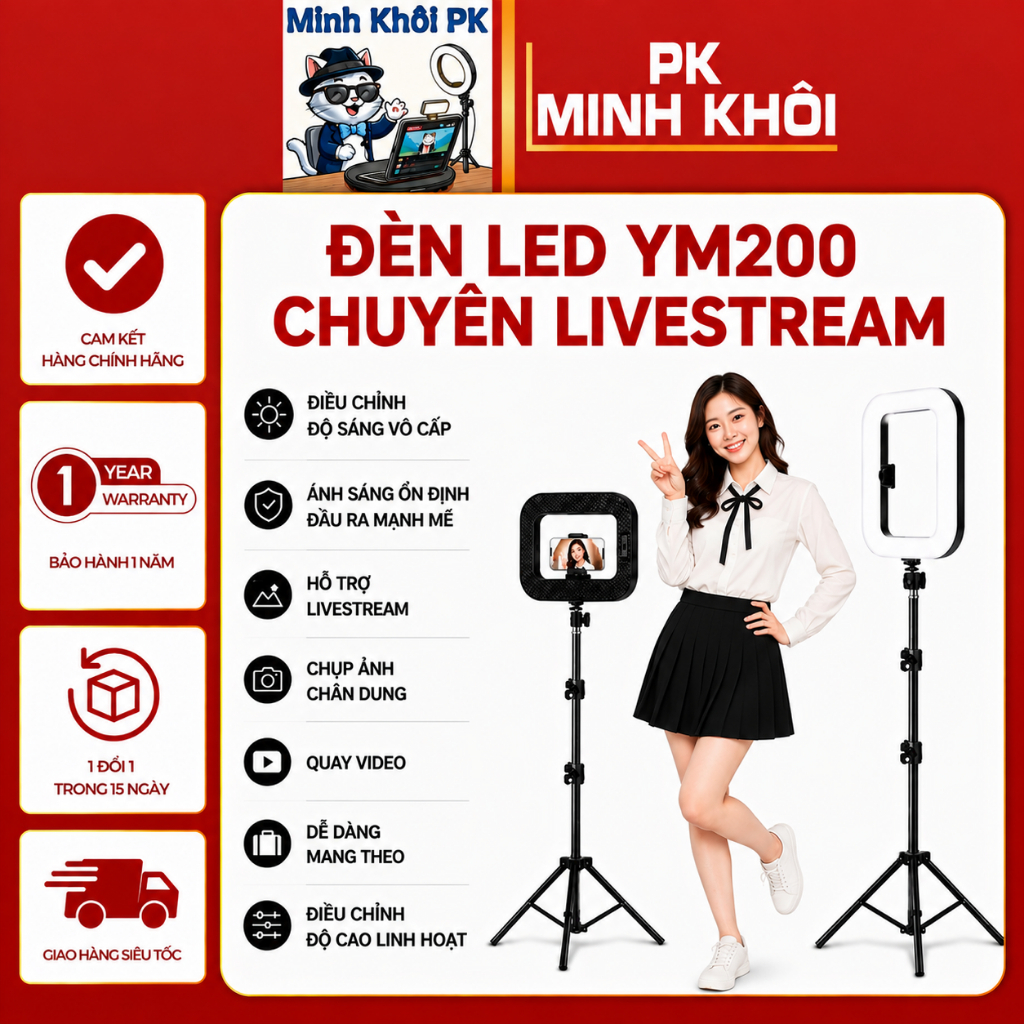 Đèn Livestream, Chụp Ảnh YM200, Hỗ Trợ Quay Video, Chụp ảnh, Makeup 3 Chế Độ Sáng