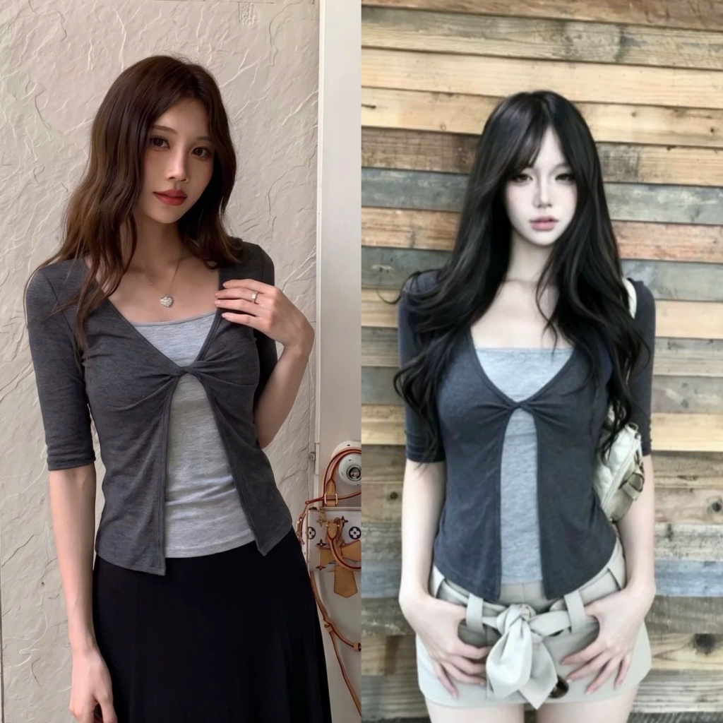 Áo tay lỡ chất thun co giãn màu xám phối layer màu ghi thời trang - TikTik