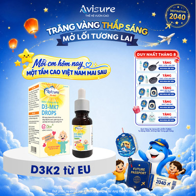 D3 K2 Từ EU Cho Bé TPBVSK  Avisure D3MK7 Hỗ Trợ Hấp Thụ Canxi, Cải Thiện Tình Trạng Còi Xương 30ml
