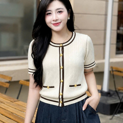 Áo Cardigan Nữ Cộc Tay Cổ Tròn Phối Viền, Chất Len Dệt Kim Cao Cấp Evalove