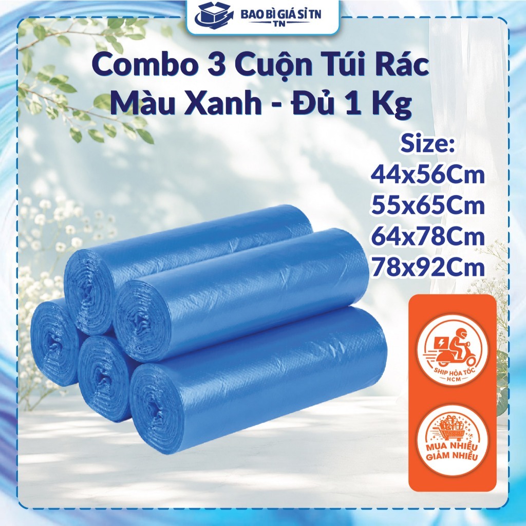 Túi Rác Cuộn Xanh - Túi Rác Cuộn Tự Phân Hủy Màu Xanh Dương (Lốc 3 Cuộn /1 Kg) - Túi Rác Tiết Kiệm -