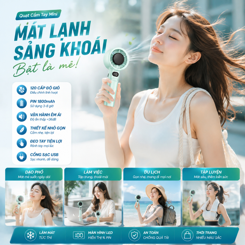 Quạt Mini Bỏ Túi 120 Cấp Độ Gió, Siêu Nhẹ, Pin Lâu, Thiết Kế Cao Cấp
