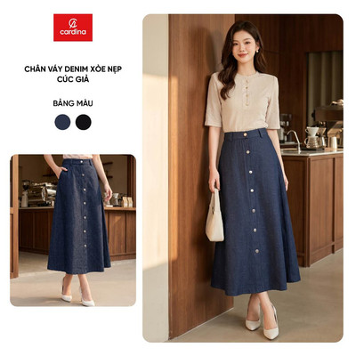 Chân váy nữ CARDINA chất liệu denim dáng xòe nẹp cúc giả 6CVJ03