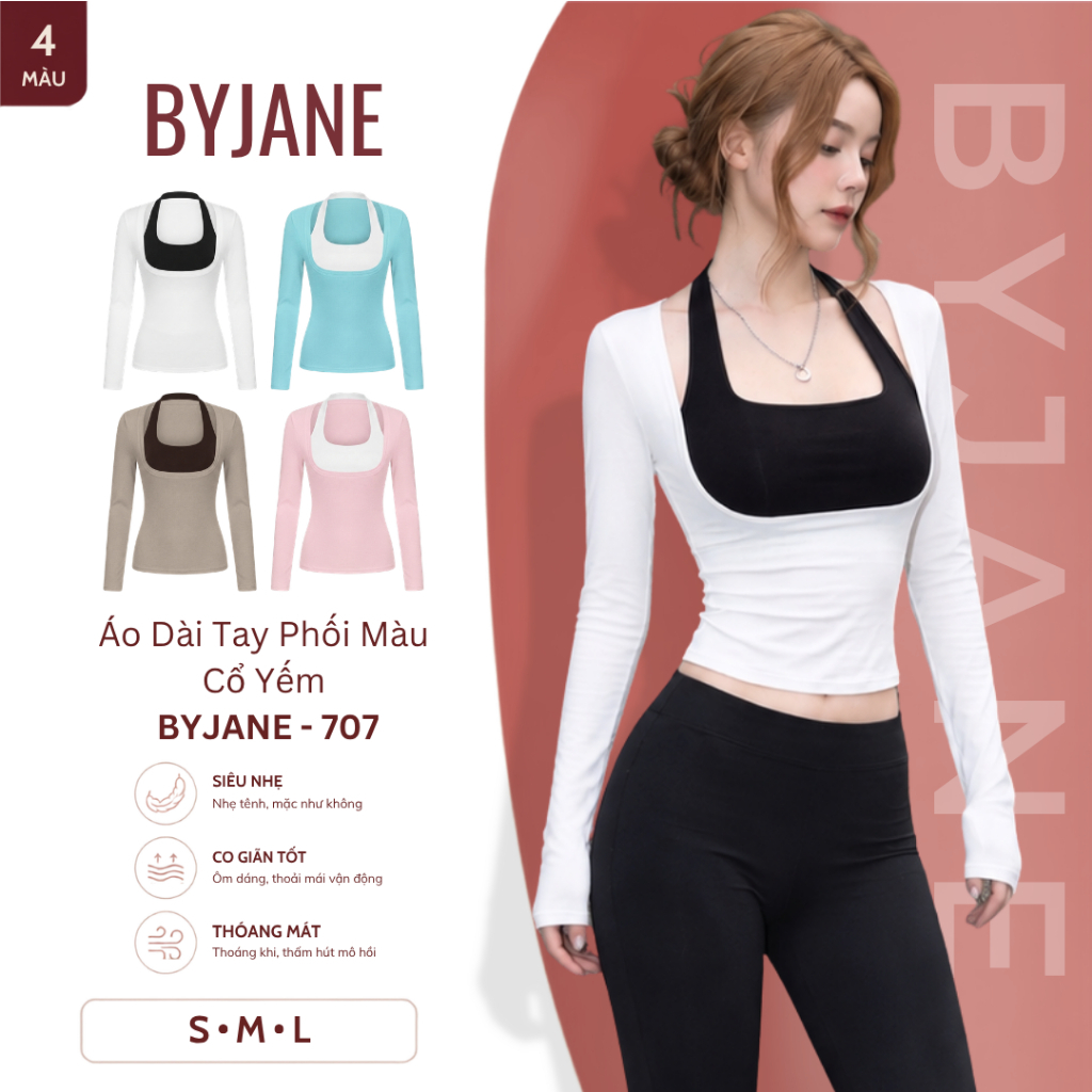 Áo Nữ Dài Tay Ôm Body Phối Màu Cổ Yếm Co Giãn Thời Trang BYJANE - 707