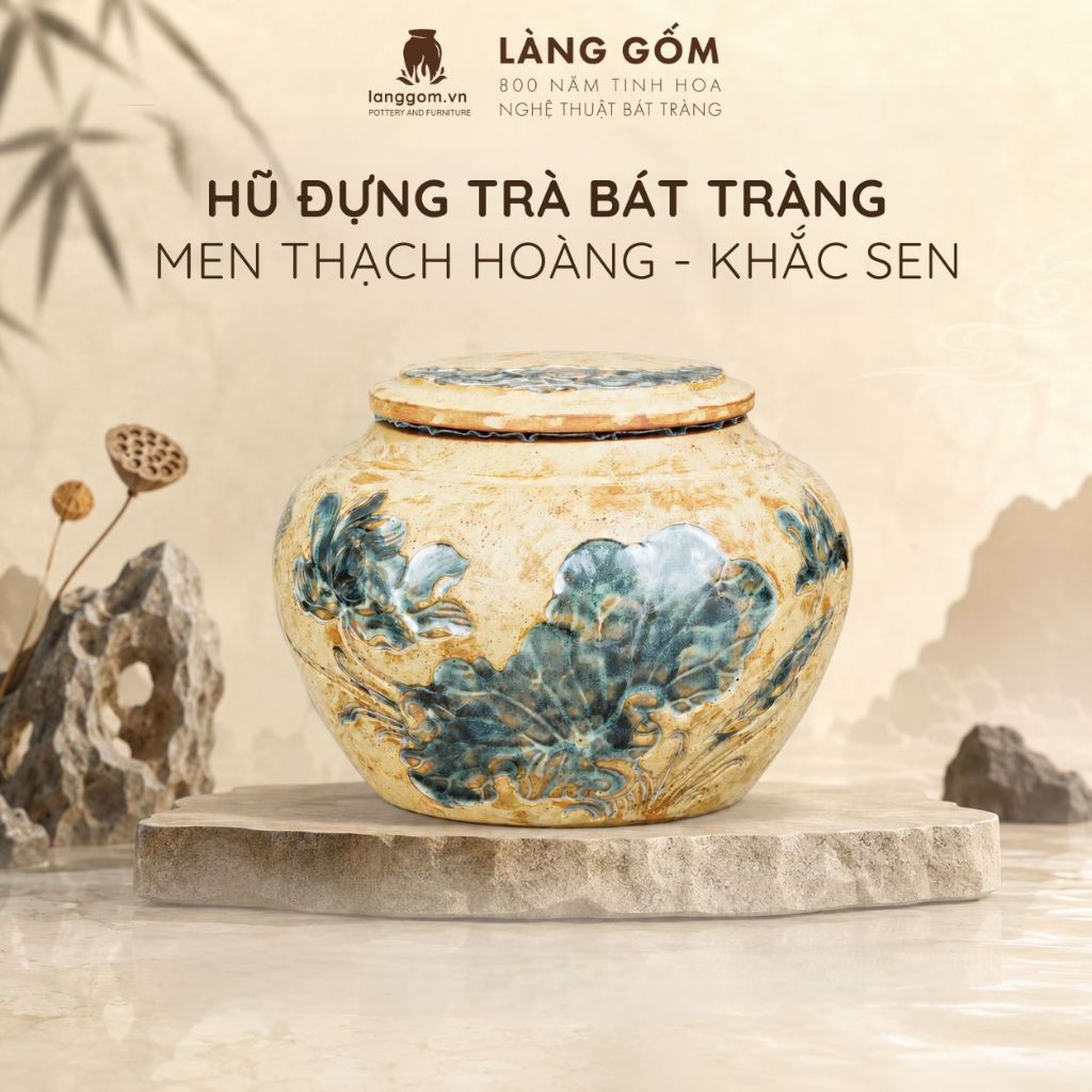 Hũ Đựng Trà Gốm Bát Tràng Thạch Hoàng Khắc Sen Thủ Công, Hũ Trà Trang Trí, Quà Tặng Cao Cấp - Gốm Bá