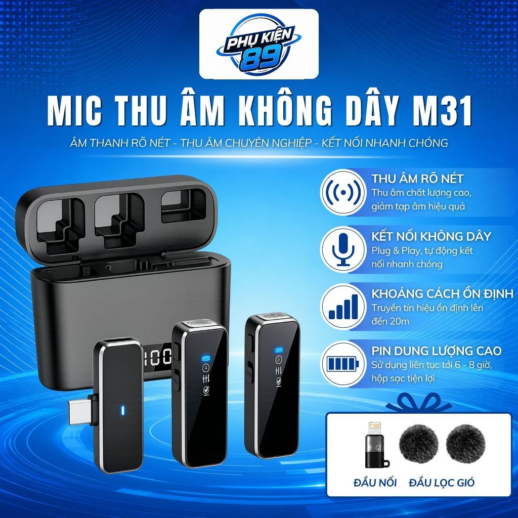 Mic Thu Âm Không Dây Cho Điện Thoại M31, Bật Tắt Lọc Ồn, Micro Ghi Âm
