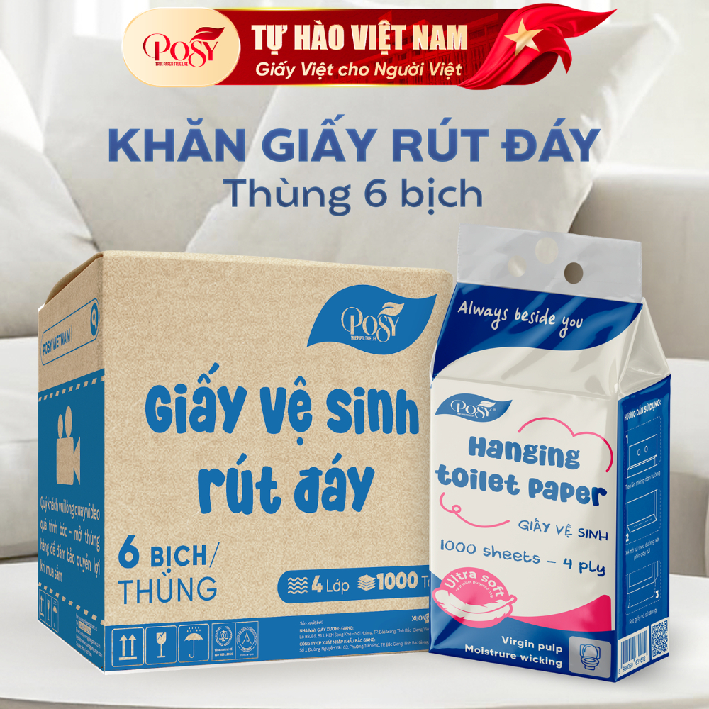 [MUA 3 TẶNG 3]_ S6_Thùng 6 bịch giấy vệ sinh rút đáy Posy 1000 tờ 4 lớp mềm dai , thấm hút và an toà