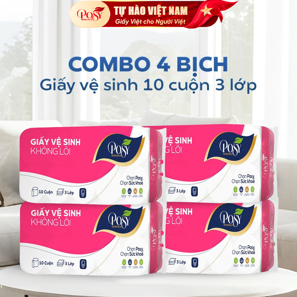 Combo 4 bịch giấy vệ sinh Posy 10 cuộn 3 lớp, 40 cuộn/combo giấy có lõi/không lõi thoải mái sử dụng 