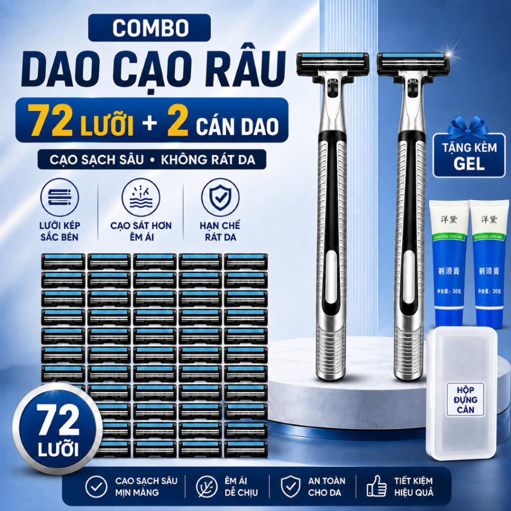 Bộ Cạo Râu 36/72 Lưỡi + Cán Dao Làm và Hộp Nhựa Đựng Cán Tặng Kèm Gel Làm Mềm Râu Khi Cạo