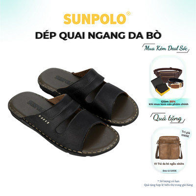 Dép Nam Quai Ngang Da Bò SUNPOLO AQN027 Đen Có Big size 44 45