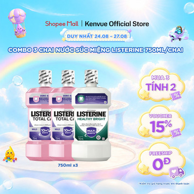 [MUA 3 TÍNH TIỀN 2] Combo 3 Nước Súc Miệng Listerine 750mlx3 (2 Total Care Zero + 1 Healthy Bright)