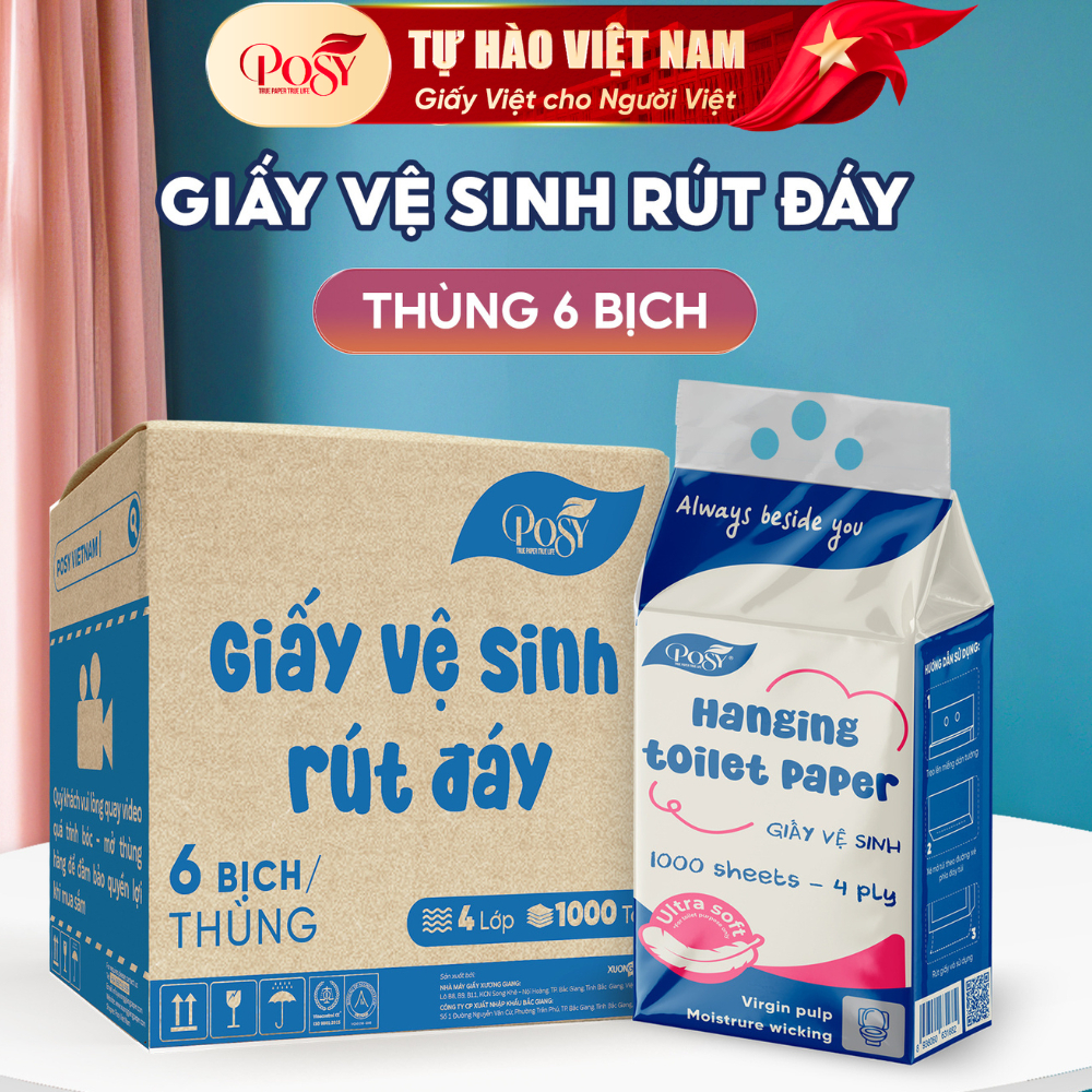 [Giá Dùng Thử S3] Thùng 6 Bịch Giấy Vệ Sinh Rút Đáy Posy 1000 Tờ 4 Lớp Mềm Dai Thấm Hút Treo Tường