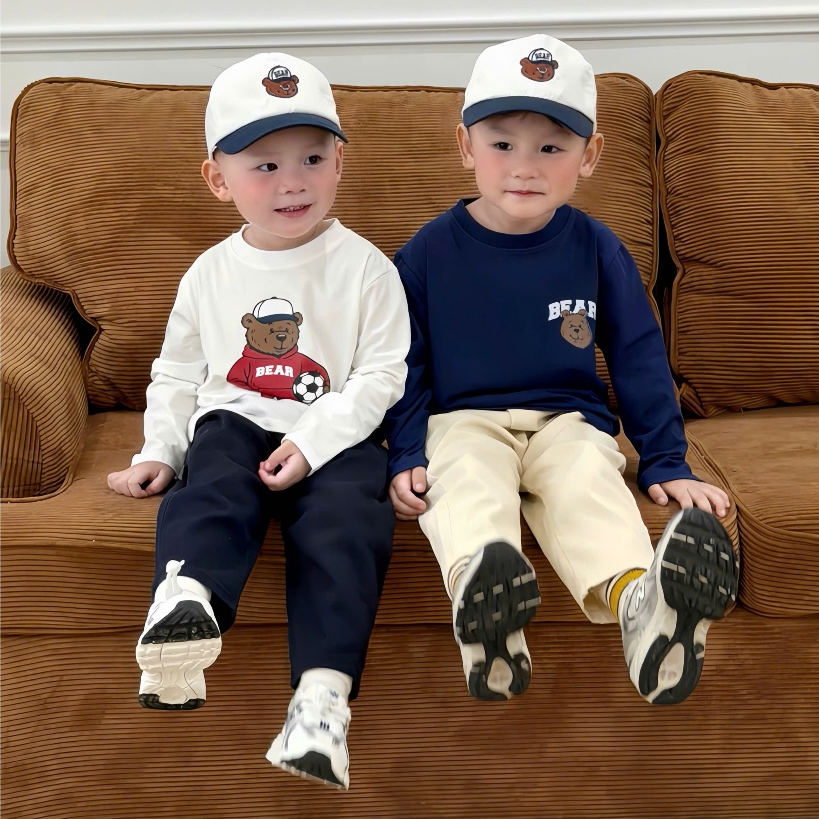 Combo 2 Áo Dài Tay Bé Trai Họa Tiết Gấu Bear Kèm Mũ, Bộ Áo Thun Cotton Cho Bé Phong Cách Hàn Quốc - 