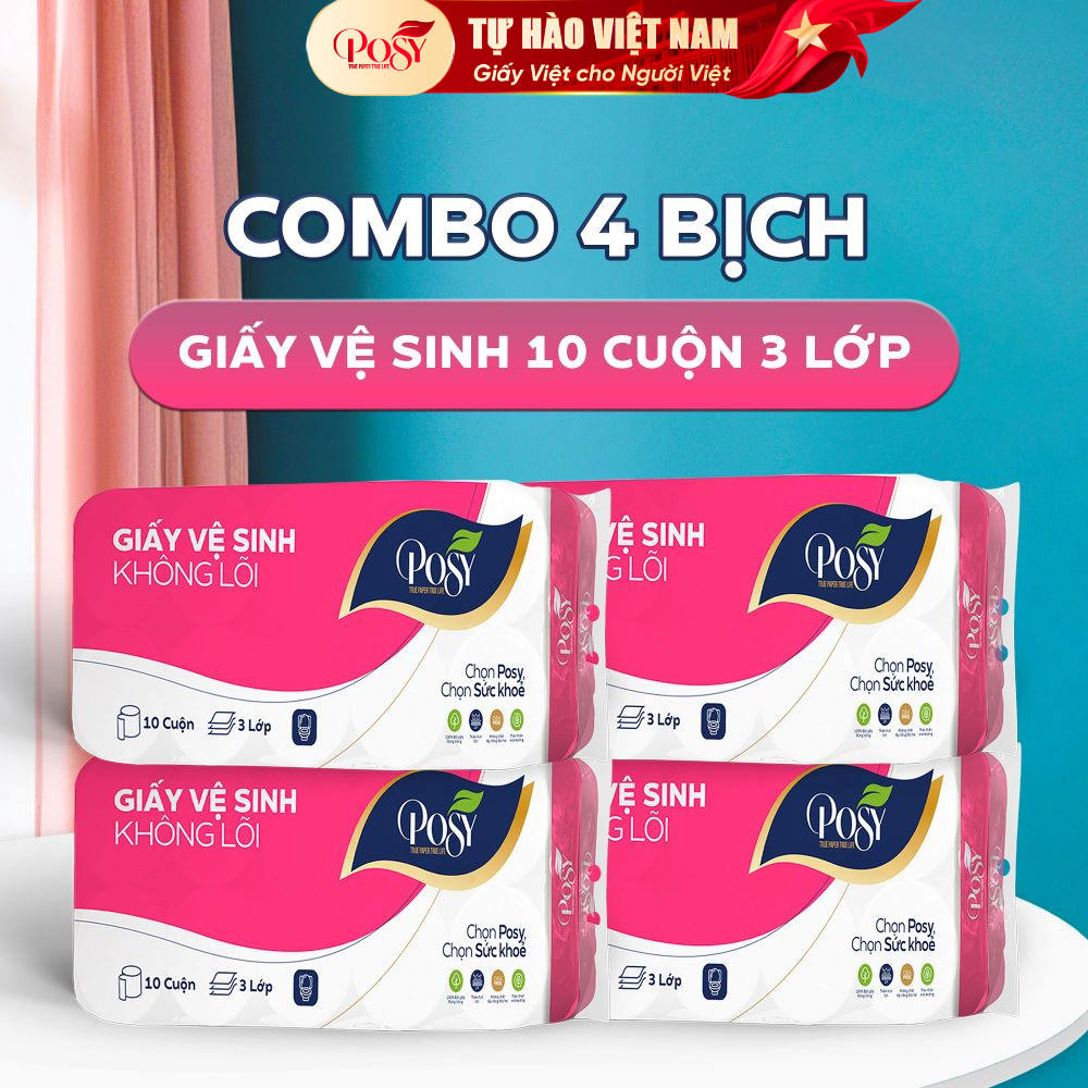 COMBO 4 BỊCH GIẤY VỆ SINH POSY 10 CUỘN 3 LỚP, MỀM MỊN VÀ DỄ TAN TRONG NƯỚC TIẾT KIỆM CHO GIA ĐÌNH