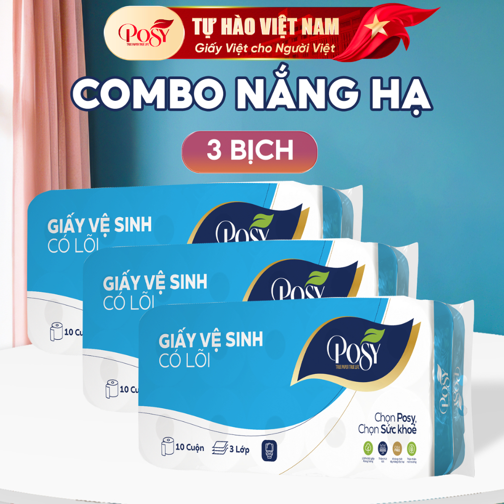 POSY_[COMBO NẮNG HẠ] 3 Bịch Giấy Vệ Sinh Posy 10 Cuộn 3 Lớp (1.6kg/Bịch), Mềm Mịn Làm Từ Bột Giấy Tự