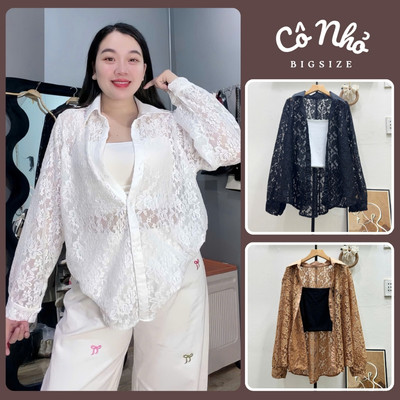Set Áo Sơ Mi Bigsize Nữ Vải Ren Hoa Phối Áo Hai Dây Tay Dài Form Rộng Dễ Phối Đồ A370+G118