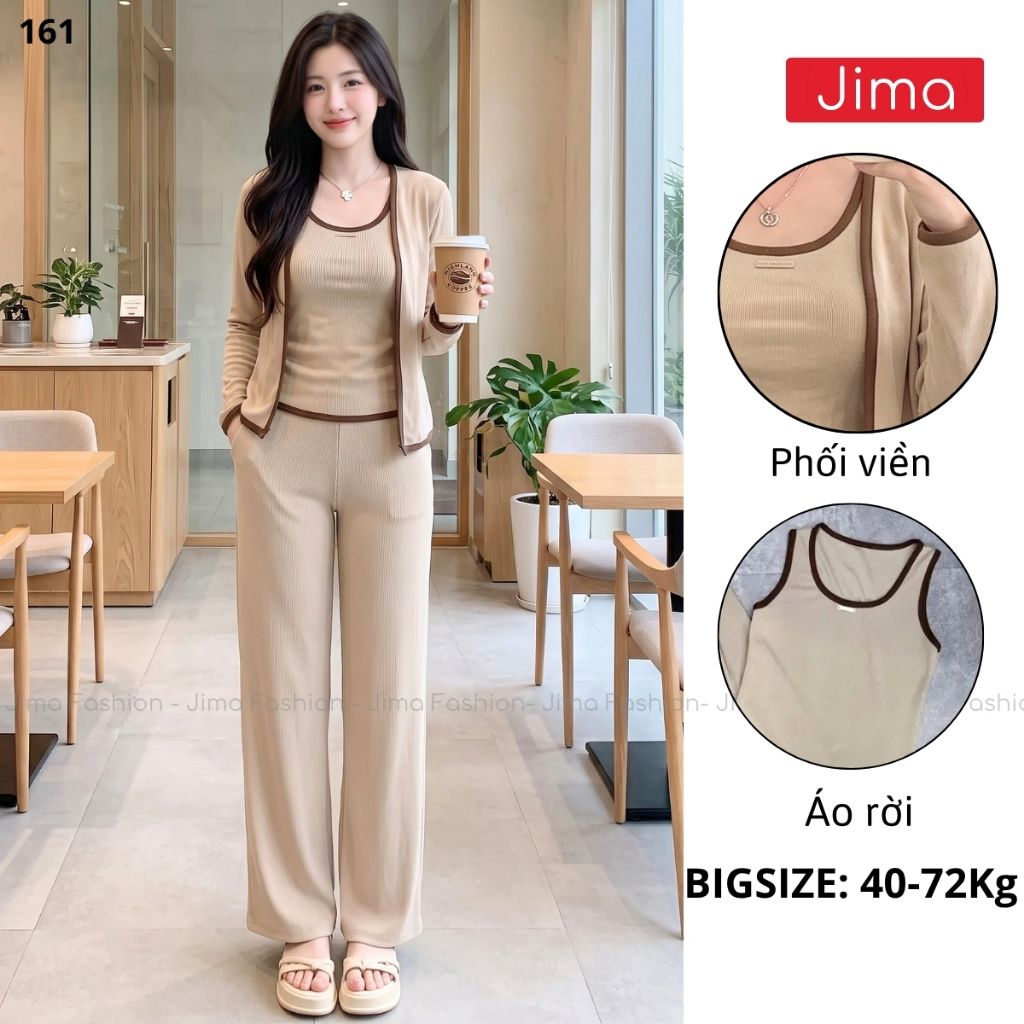 Set Bộ 3 Món Áo Ba Lỗ Kèm Áo Khoác Cardigan Phối Viền Quần Ống Rộng Tôn Dáng Chất Len Tăm Bigsize Ji