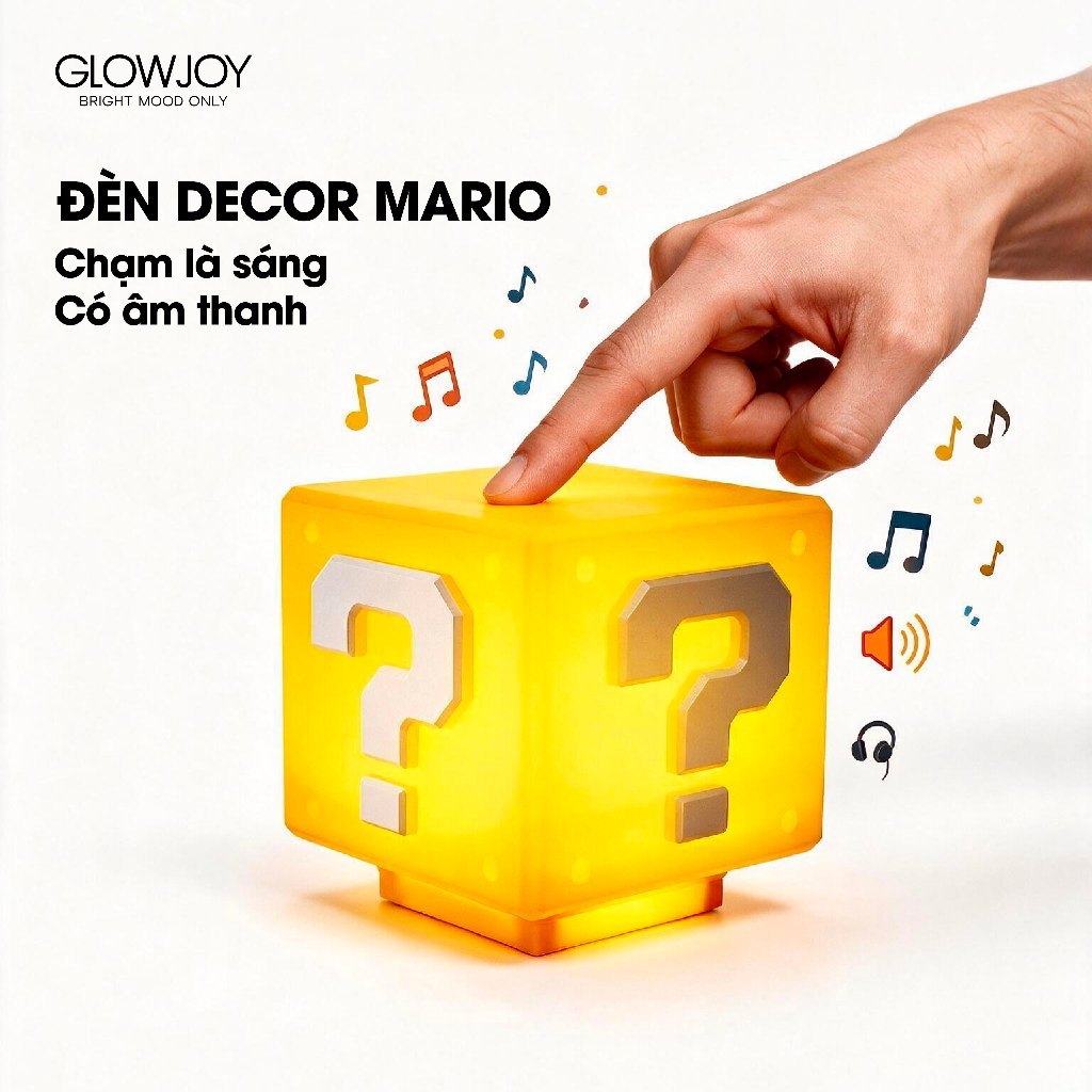 Đèn Decor GlowJoy Mario Mini Question Block Light, Chạm Là Sáng, Có Âm Thanh