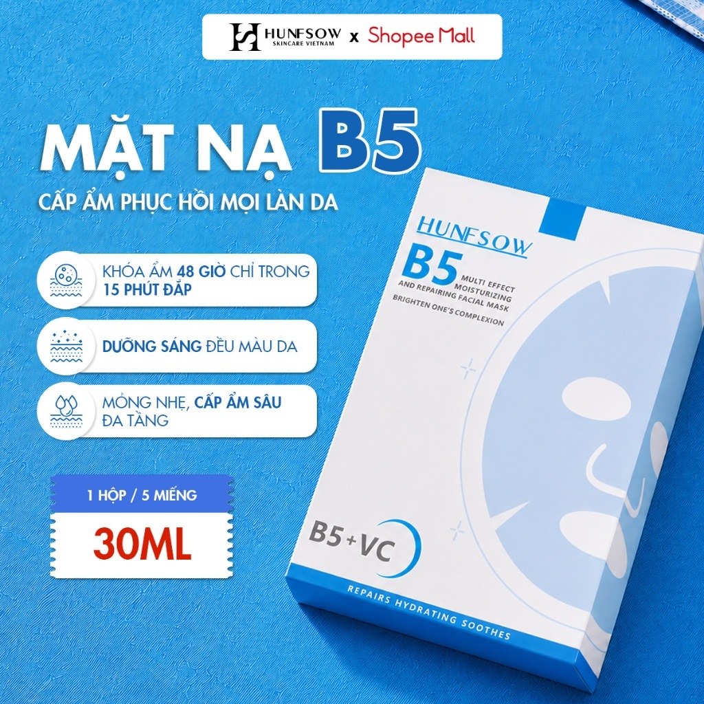 Mặt nạ giấy HUNFSOW B5 cấp ẩm sâu, căng bóng, làm dịu da, dưỡng ẩm trước makeup, hộp 5 miếng