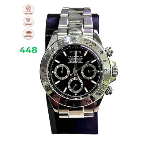 Đồng Hồ Nam Technos TSM101 Chronograph – Mặt Đen 3 Mặt Số Phụ, Bezel Tachymeter, Dây Thép Thể Thao