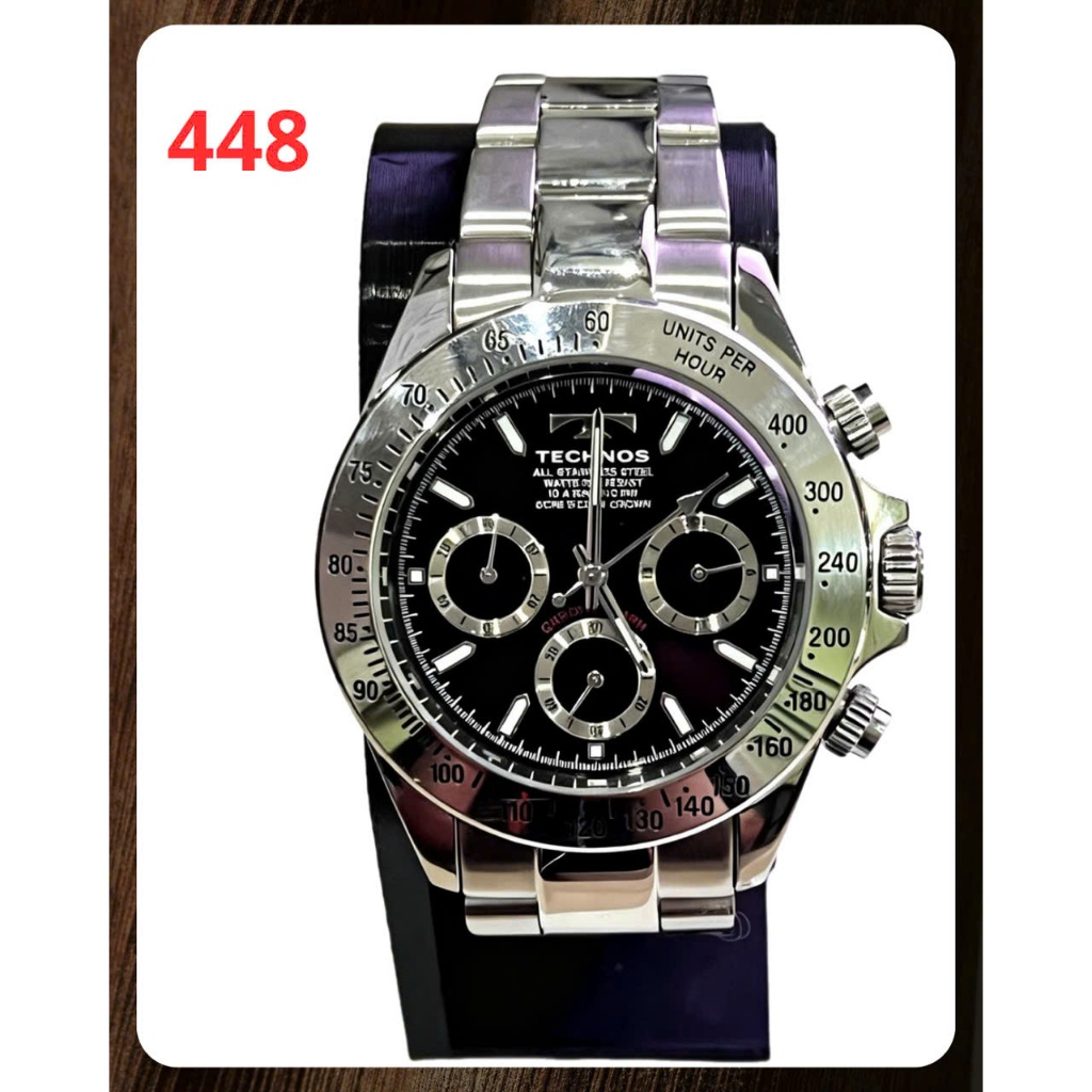 448. Đồng Hồ Nam Technos TSM101 Chronograph – Mặt Đen 3 Mặt Số Phụ, Bezel Tachymeter, Dây Thép Thể T
