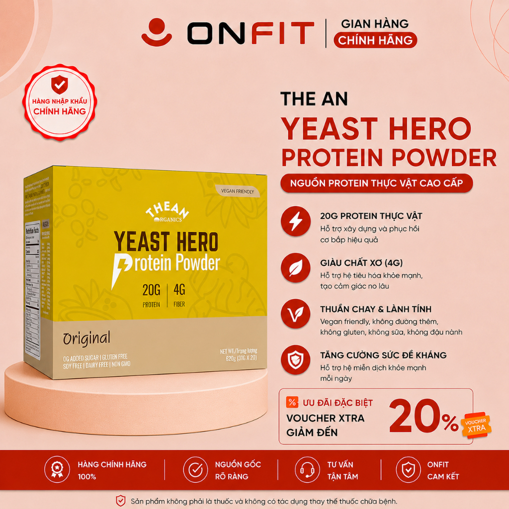 Bột đạm Yeast Hero Protein Hộp 620g (20 gói x 31g) The An Organics, Bột Đạm Lên Men Thuần Chay