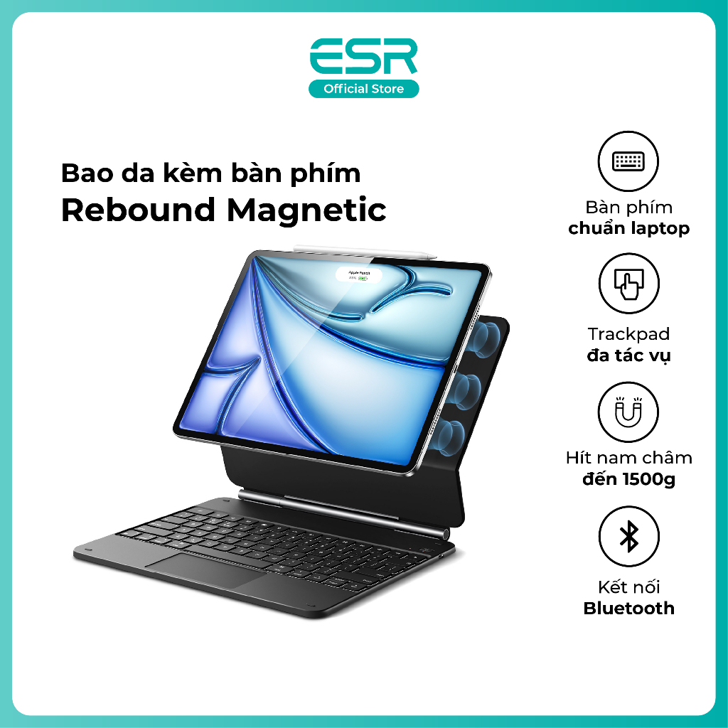 Bao da ốp lưng iPad kèm bàn phím ESR Rebound Magnetic Bảo vệ toàn diện Air 6/7/8, Pro 11”,Gen 11 A16