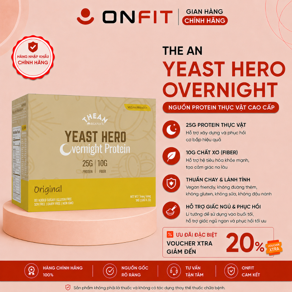 Bột Đạm Lên Men Thuần Chay Hữu Cơ Yeast Hero Protein Overnight 1KG (20 gói x 31g) The An Organics