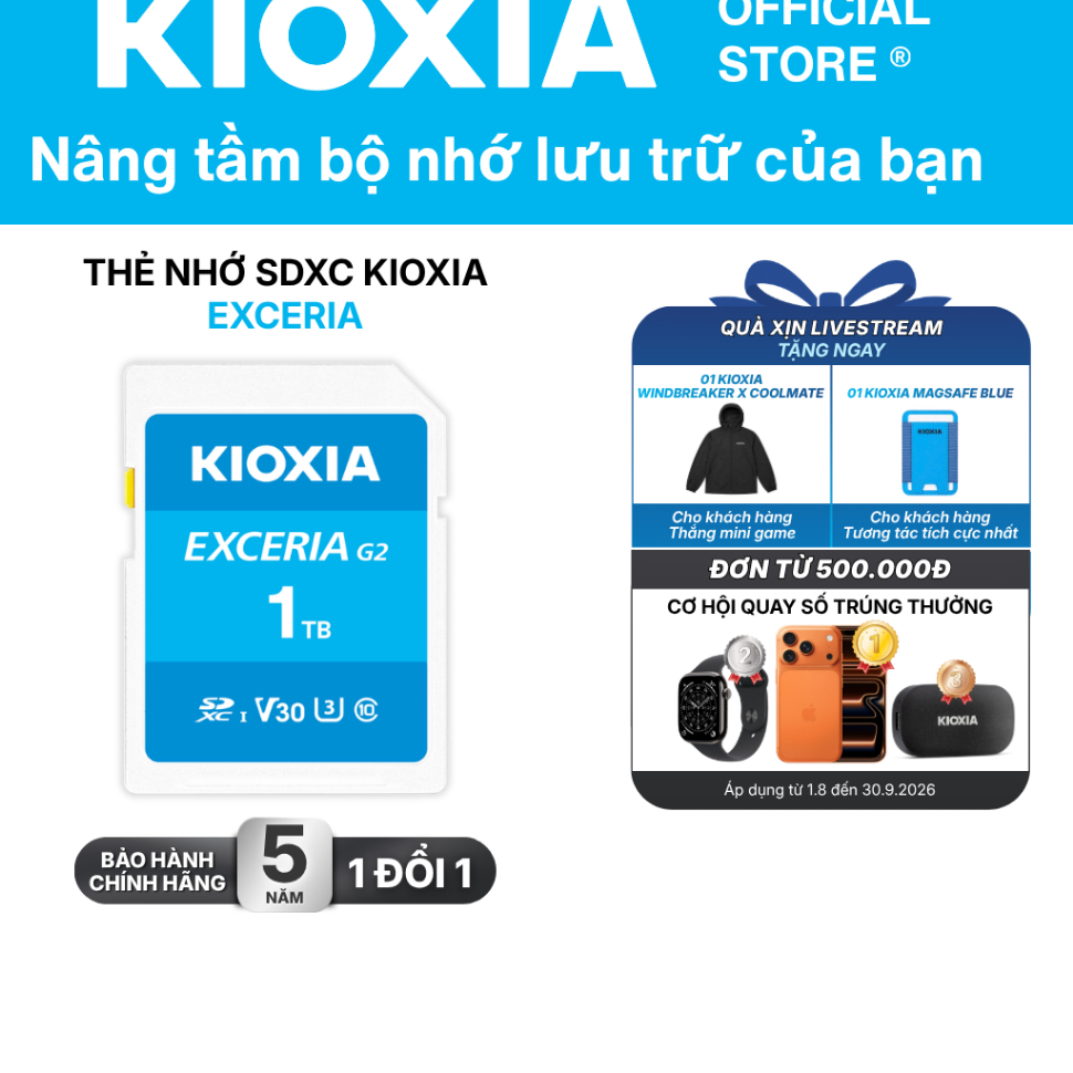 Thẻ nhớ SDXC KIOXIA EXCERIA 1TB C10 UHS-I U3 V30 A1 upto 100MB/s LNEX2L001TG4 - Bảo hành 5 năm