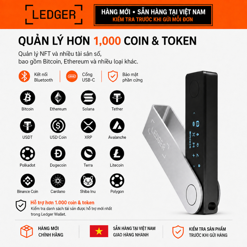 Ledger Nano X | Đại Lý Ủy Quyền Ledger | Hàng Có Sẵn Việt Nam | Bảo Hành 2 Năm | Bluetooth USB-C
