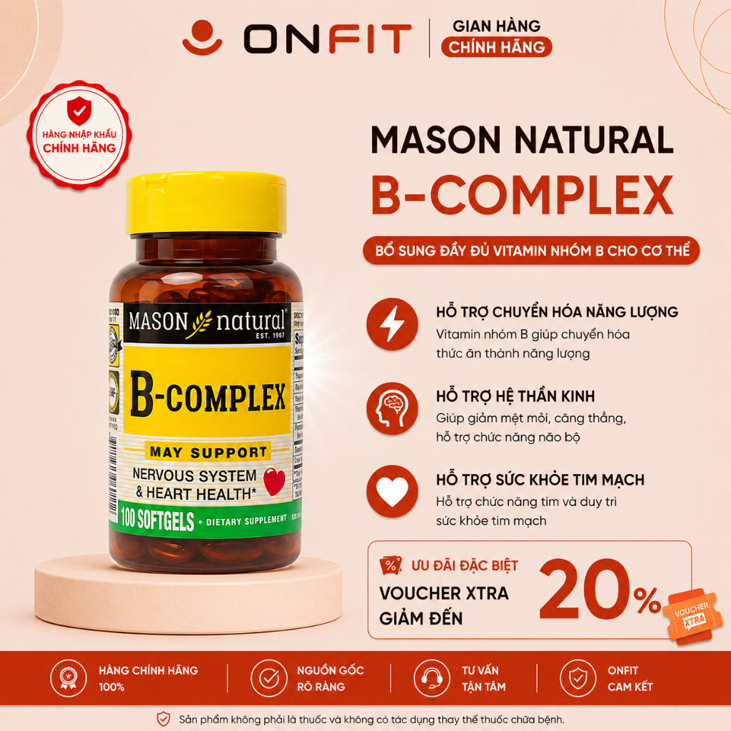 Viên Uống Vitamin B Mason Natural B-Complex (100 Viên) Tăng Cường Sức Khỏe, Hỗ Trợ Tóc | ONFIT