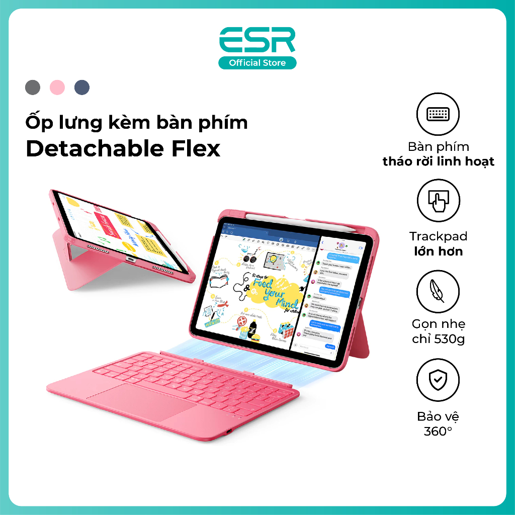 Ốp lưng kèm bàn phím Detachable Flex ESR dành cho máy tính bảng Gen 11/A16/10 tháo rời linh hoạt