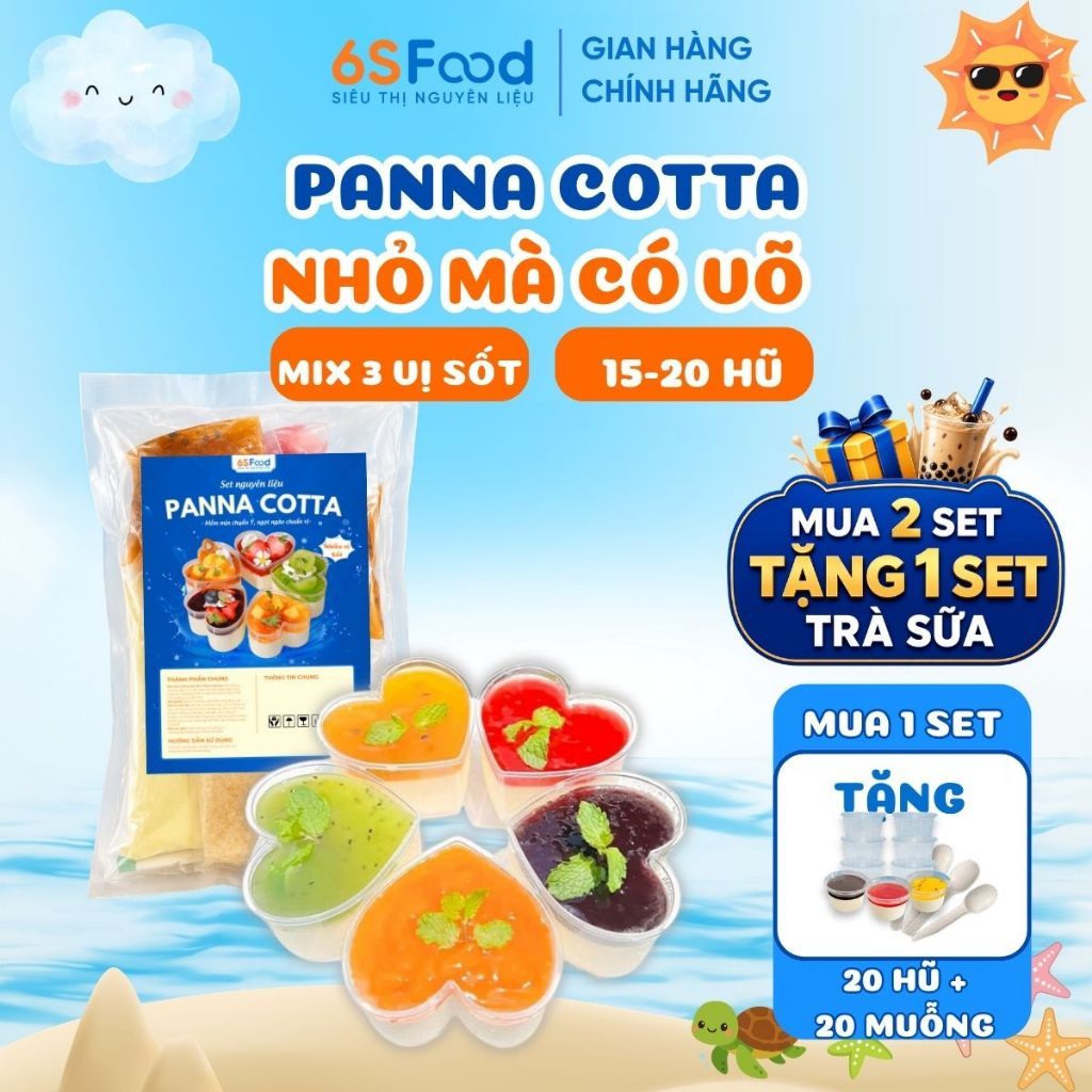 [Kèm hũ, muỗng] Set Làm Panna Cotta Nhỏ Mà Có Võ 15-20 hũ mix 3 vị sốt Dâu, Chanh leo, Xoài - 6SFOOD