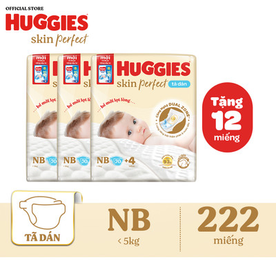 Combo 2/3 Tã/bỉm dán sơ sinh Huggies Skin Perfect NB70/S80/S54/M76 + miếng ngẫu nhiên với 2 vùng thấm giảm kích ứng da