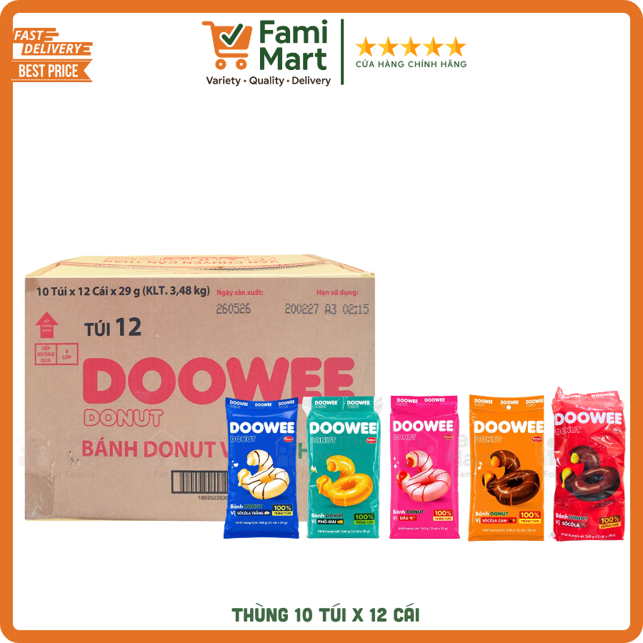 [Hsd new] [Thùng 10 túi] Bánh Donut DOWEE_ Đủ vị_12 cái/ túi_360gr_Rebisco_Famimart