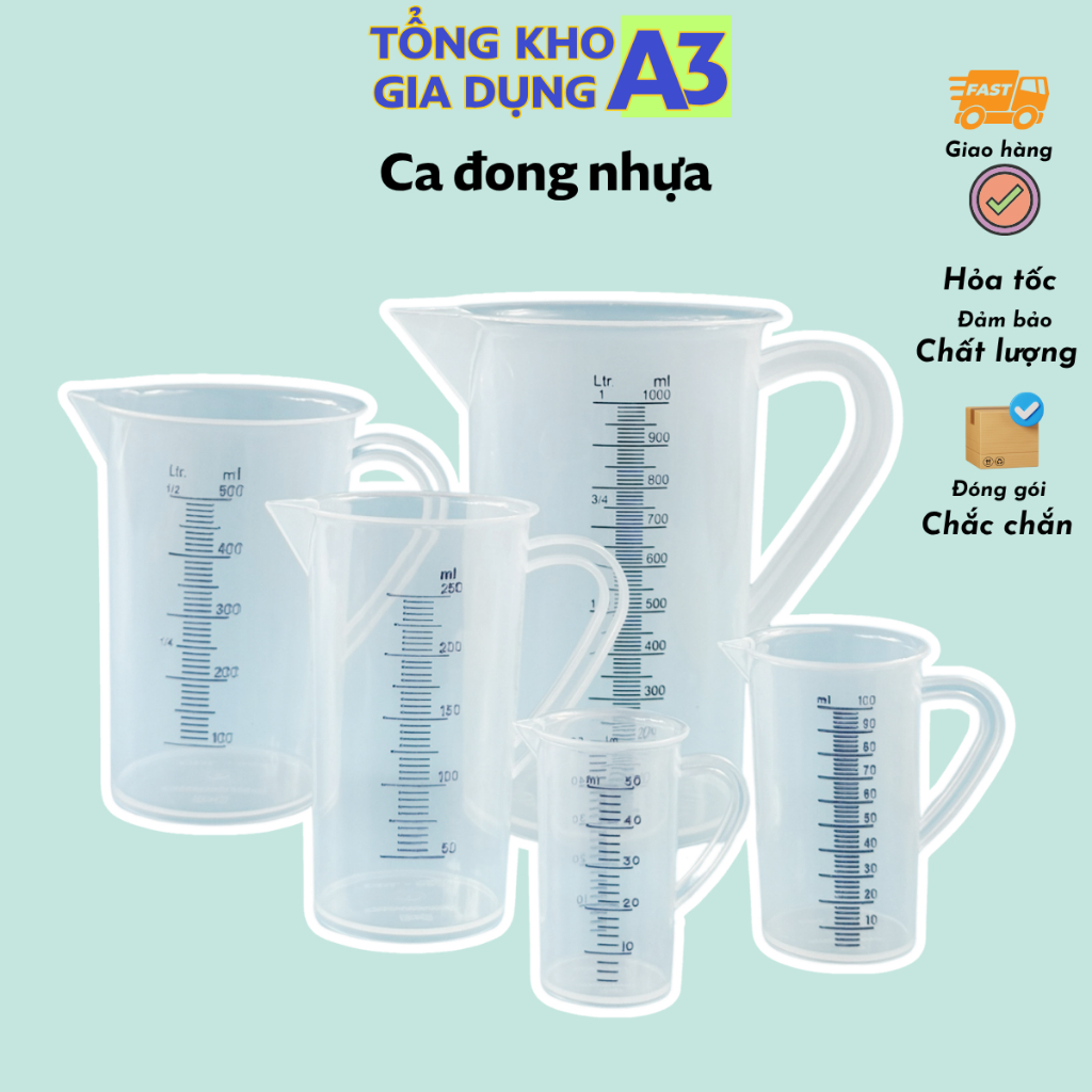 Ca đong nhựa chia vạch từ 50ml đến 2000ml, loại dày, nhựa cứng