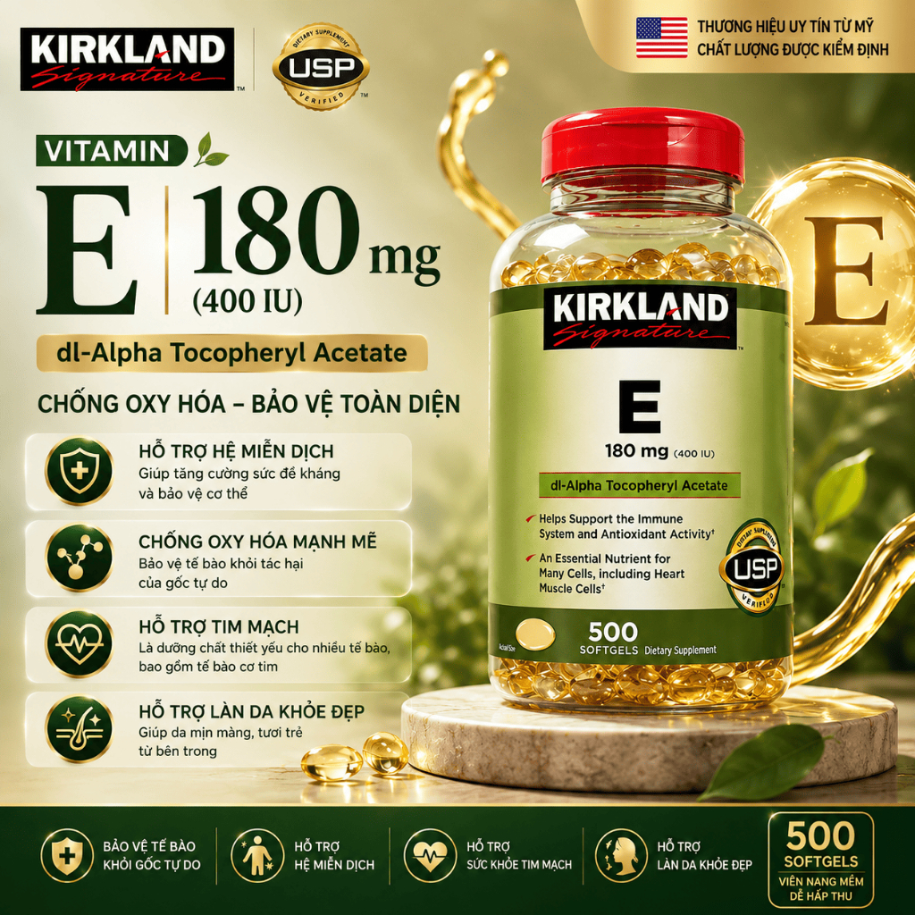 [Chính Hãng Mỹ] Viên Uống Vitamin E Kirkland Signature 400 IU 500 Viên - Bổ Sung Vitamin E Làm Đẹp D