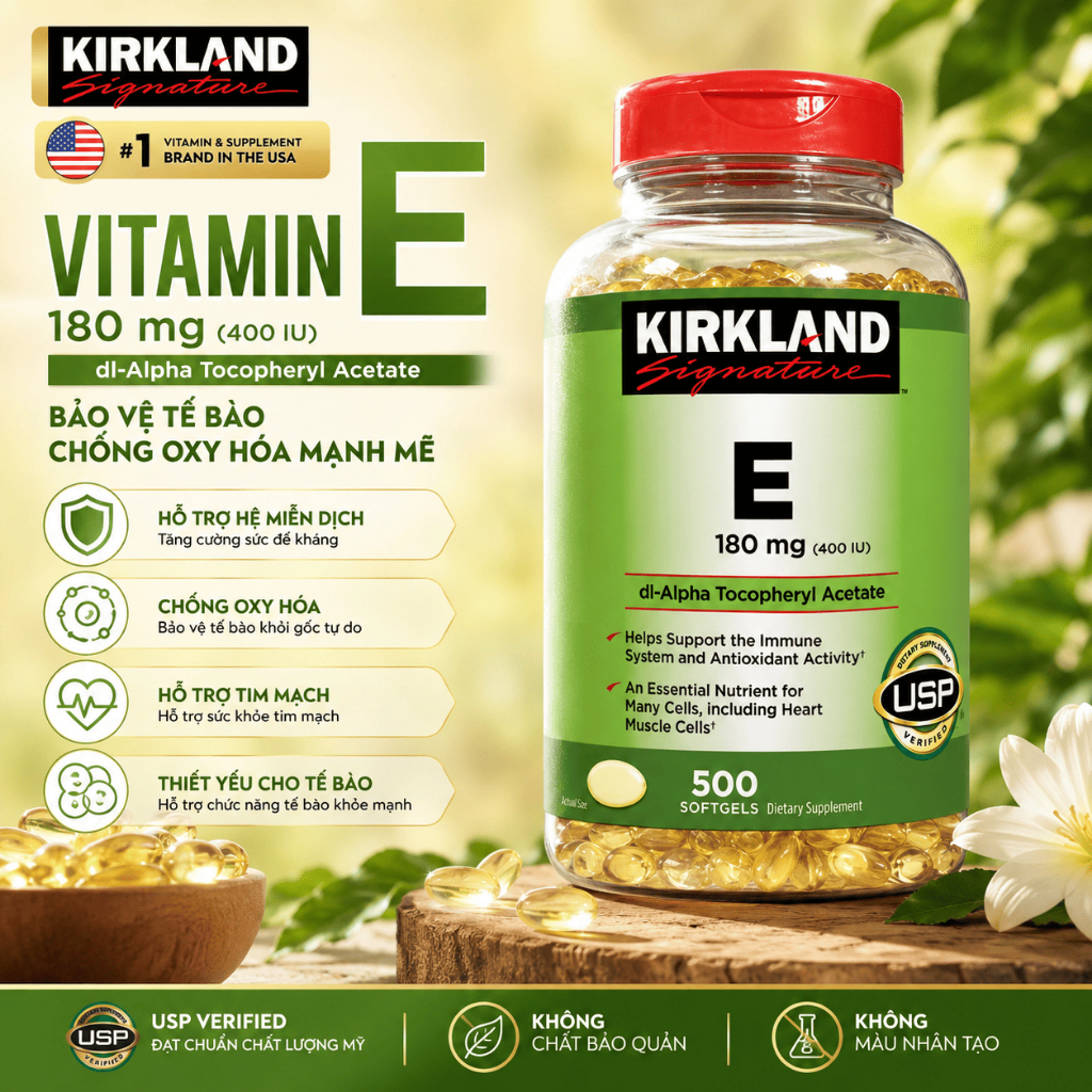Viên Uống Bổ Sung Vitamin E Kirkland Signature 400 IU (180mg) 500 Viên - Hỗ Trợ Đẹp Da, Chống Lão Hó