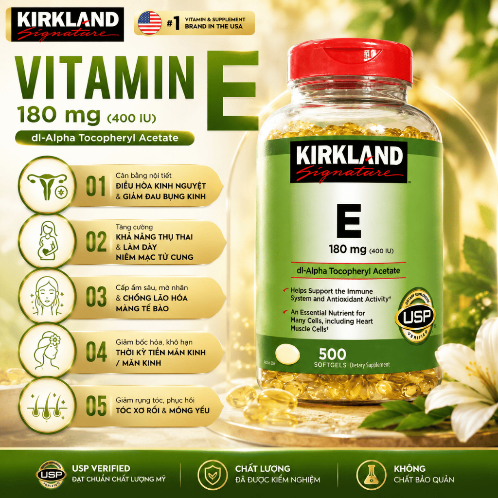 Viên Uống Vitamin E Kirkland Signature 400IU 180mg Hộp 500 Viên Cấp Ẩm, Sáng Da, Chống Lão Hóa Nhập 